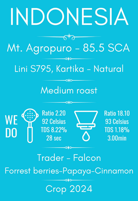 Tip: Indonezia, Java, Muntele Agropuro, Lini S795 Raritate: Rară, exclusivă, specială Arome: Fructe negre, papaya, ciocolată, scorțișoară Gust: Complex, echilibrat, aciditate vibrantă, postgust lung Caracteristici: Naturală, arome intense, gust distinctiv, vulcanică Experiență: Unică, memorabilă, specială Consum: Iubitori cafea, ocazii speciale, răsfăț
