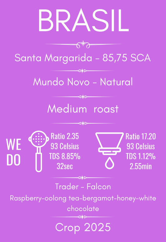 Boabe de cafea Brazilia Santa Margarida, prăjite mediu, cu arome de zmeură, ceai alb, bergamotă, miere și ciocolată albă, cafea de specialitate din Brazilia.
