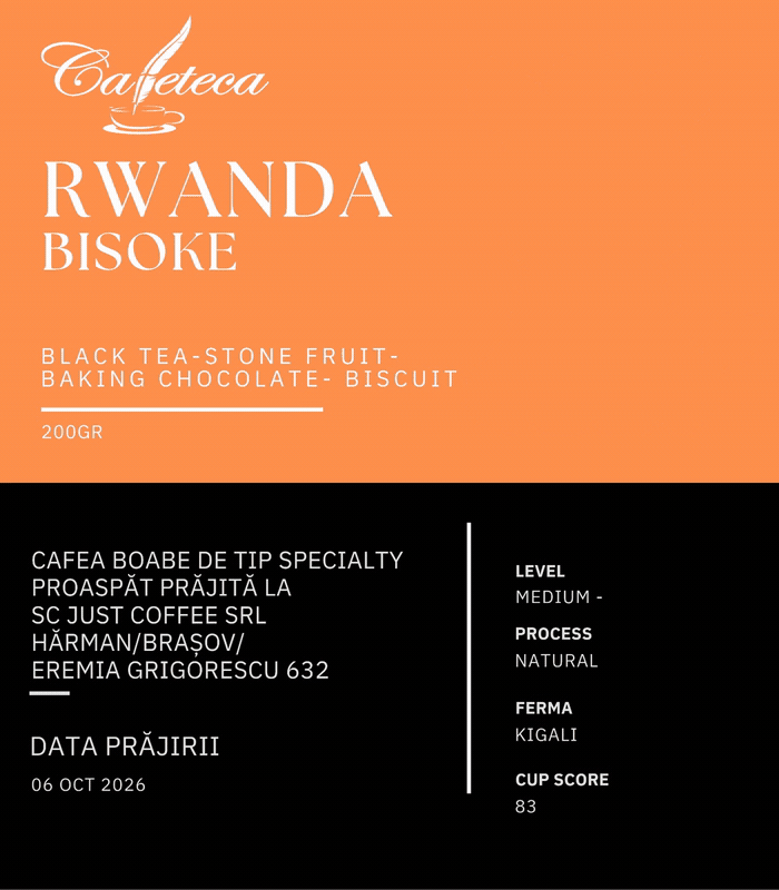 Etichetă Cafeteca Rwanda Bisoke, cafea de specialitate boabe, 200 g, cu o zebră ilustrată pe fundal portocaliu și informații despre procesare și prăjire.