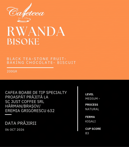 Etichetă Cafeteca Rwanda Bisoke, cafea de specialitate boabe, 200 g, cu o zebră ilustrată pe fundal portocaliu și informații despre procesare și prăjire.